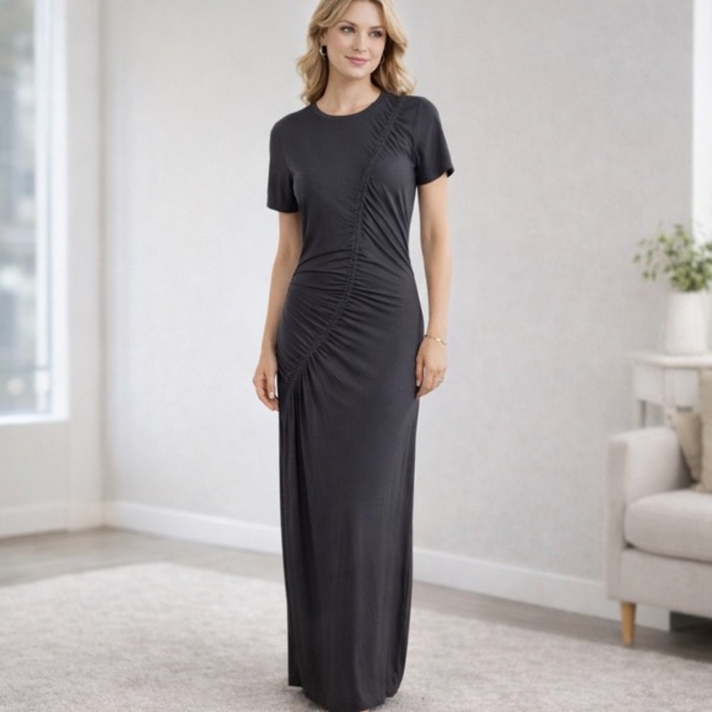 Sweaty Betty Gray Ruched Maxi Dress Womens Sz 0 Stretch Jersey Minimalist